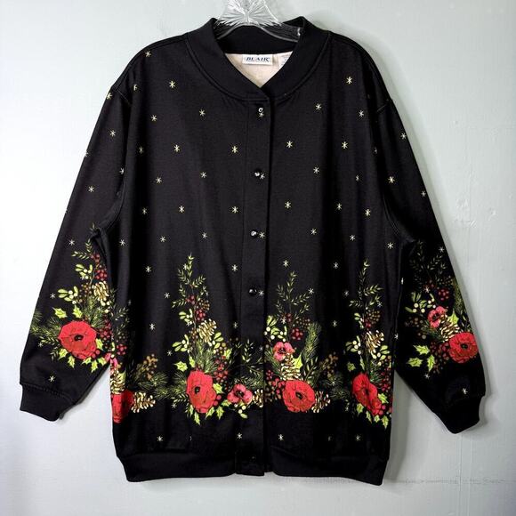 Blair Winter Snowflake Pinecone Floral Holly Printed Snap Front Jacket Women's L - Picture 1 of 12
